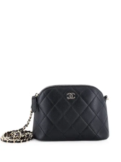 Pre-owned Chanel Cc Dome Zip Clutch With Chain Quilted Caviar Mini Crossbody Bag In Black