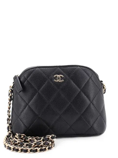Pre-owned Chanel Cc Dome Zip Clutch With Chain Quilted Caviar Mini Crossbody Bag In Black