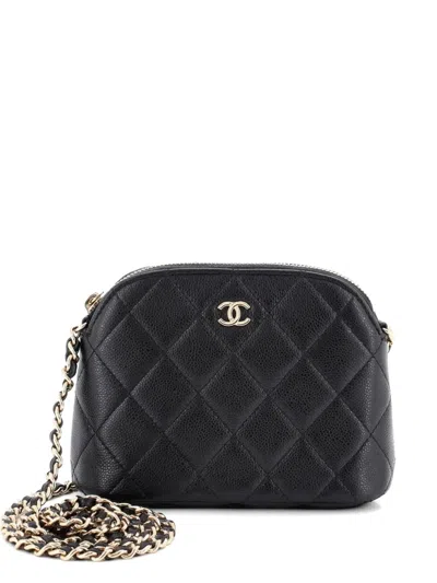 Pre-owned Chanel Cc Dome Zip Clutch With Chain Quilted Caviar Mini Crossbody Bag In Black