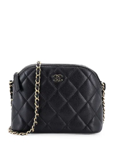 Pre-owned Chanel Cc Dome Zip Clutch With Chain Quilted Caviar Mini Crossbody Bag In Black