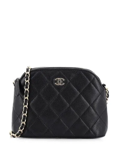 Pre-owned Chanel Cc Dome Zip Clutch With Chain Quilted Caviar Mini Crossbody Bag In Black