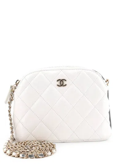 Pre-owned Chanel Cc Dome Zip Clutch With Chain Quilted Caviar Mini Crossbody Bag In White