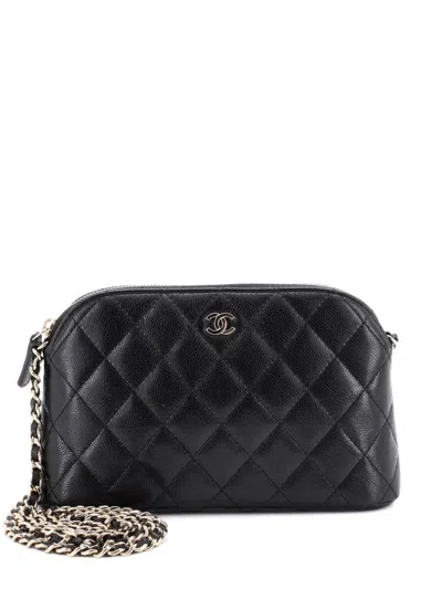 Pre-owned Chanel Cc Dome Zip Clutch With Chain Quilted Caviar Small Shoulder Bag In Black