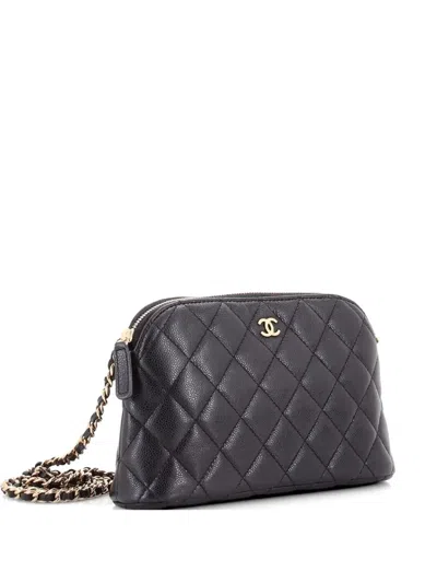Pre-owned Chanel Cc Dome Zip Clutch With Chain Quilted Caviar Small Shoulder Bag In Black
