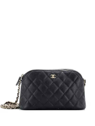Pre-owned Chanel Cc Dome Zip Clutch With Chain Quilted Caviar Small Shoulder Bag In Black