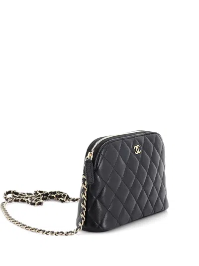 Pre-owned Chanel Cc Dome Zip Clutch With Chain Quilted Caviar Small Shoulder Bag In Black