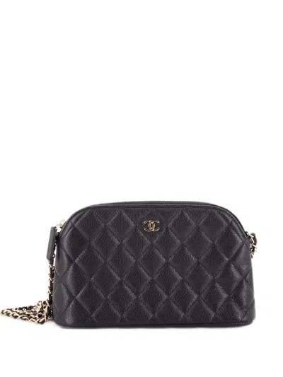 Pre-owned Chanel Cc Dome Zip Clutch With Chain Quilted Caviar Small Shoulder Bag In Black