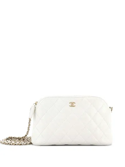 Pre-owned Chanel Cc Dome Zip Clutch With Chain Quilted Caviar Small Shoulder Bag In White