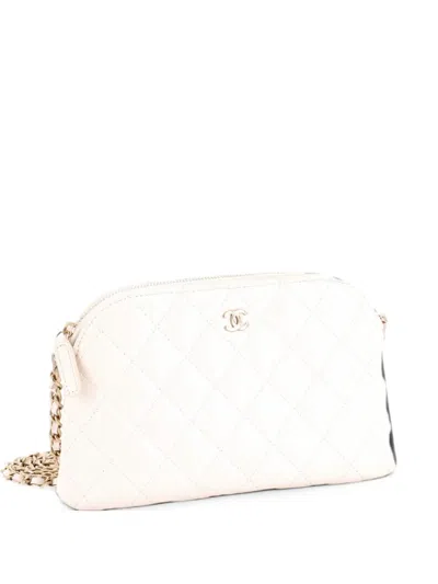 Pre-owned Chanel Cc Dome Zip Clutch With Chain Quilted Caviar Small Shoulder Bag In White