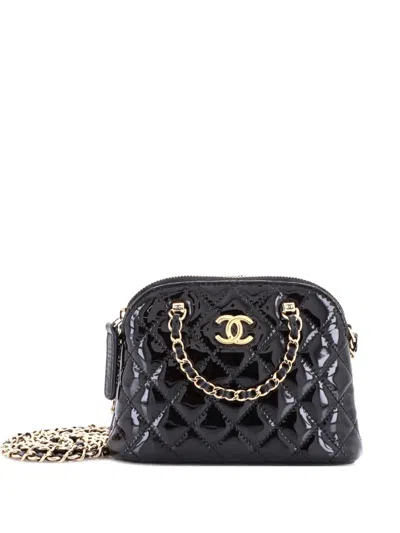 Pre-owned Chanel Cc Dome Zip Quilted Patent Mini Crossbody Bag In Black