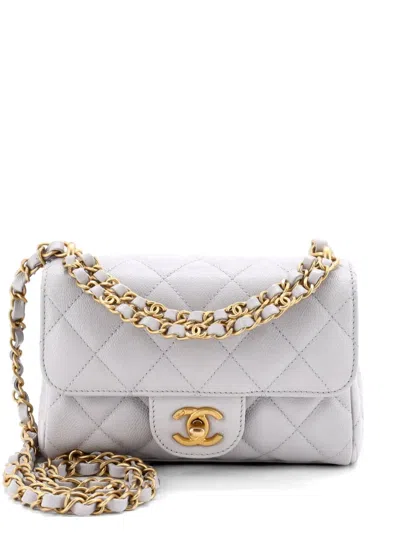 Pre-owned Chanel Cc Double Chain Handle Flap Bag Quilted Caviar Mini Crossbody Bag In Gray