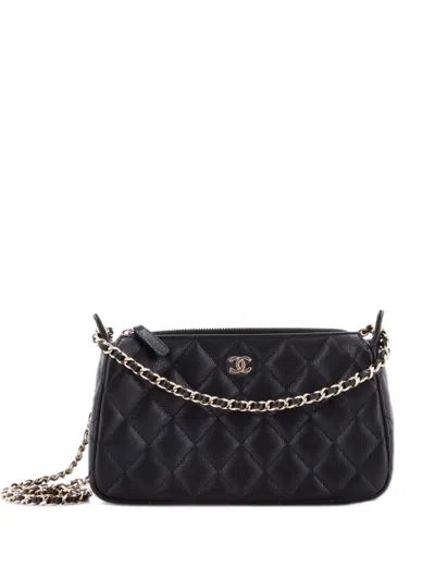 Pre-owned Chanel Cc Double Chain Zip With Chain Quilted Caviar Small Clutch Bag In Black