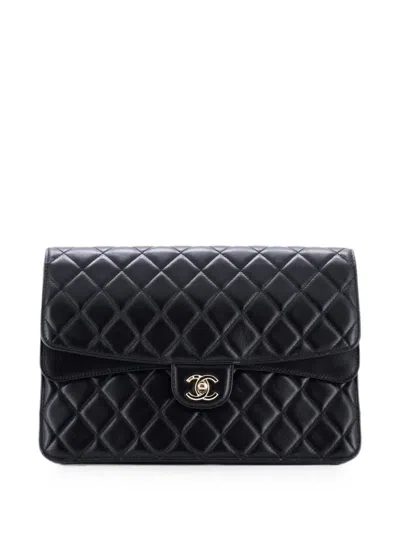 Pre-owned Chanel Cc Double Flap Quilted Lambskin Medium Clutch Bag In Black