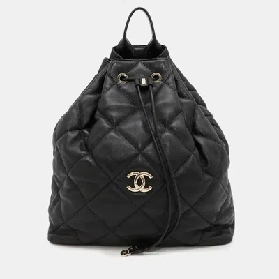 Pre-owned Chanel Cc Drawstring Black Leather Backpack