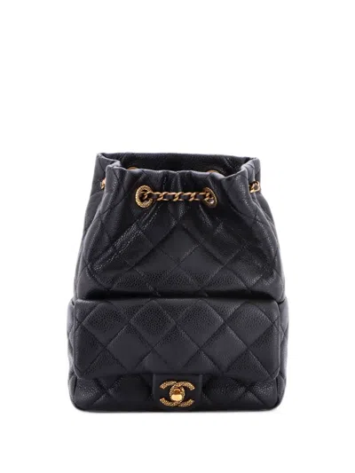Pre-owned Chanel Cc Drawstring Front Pocket Quilted Caviar Small Backpack In Black