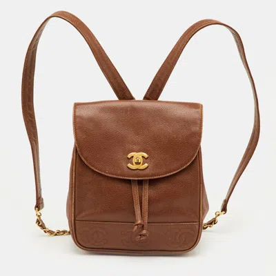 Pre-owned Chanel Cc Drawstring Vintage Brown Caviar Leather Backpack