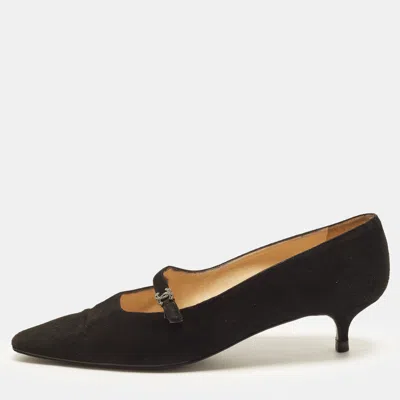 Pre-owned Chanel Cc Embellished Size 38 Black Suede Mary Jane Pumps