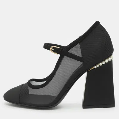 Pre-owned Chanel Cc Embellished Size 38.5 Black Mesh And Suede Mary Jane Pumps