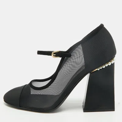 Pre-owned Chanel Cc Embellished Size 41 Black Mesh And Suede Mary Jane Pumps