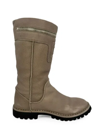 Pre-owned Chanel Cc Embossed Motorcycle Boots In Neutrals
