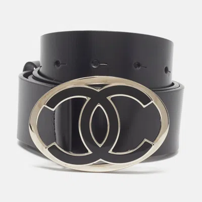 Pre-owned Chanel Cc Enamel 90 Cm Buckle Belt Black Leather