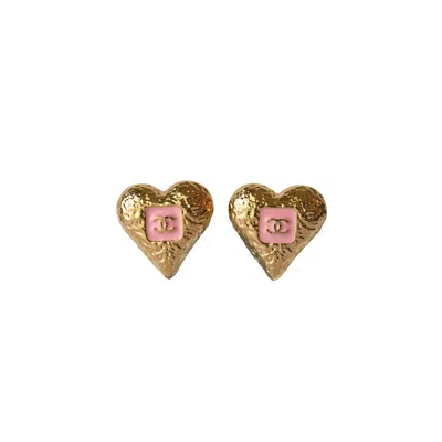 Pre-owned Chanel Cc Enamel Heart Stud Earrings Gold
