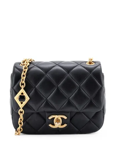 Pre-owned Chanel Cc Enamel Pearl Charm Me Square Flap Bag Quilted Lambskin Mini Crossbody Bag In Black