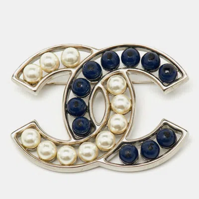 Pre-owned Chanel Cc Faux Pearl Blue Bead Pin Brooch In Multicolor