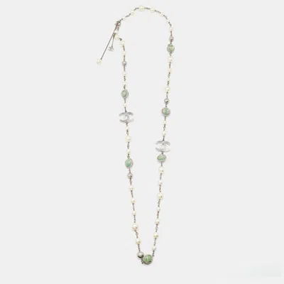 Pre-owned Chanel Cc Faux Pearl Composite Silver Tone Long Necklace