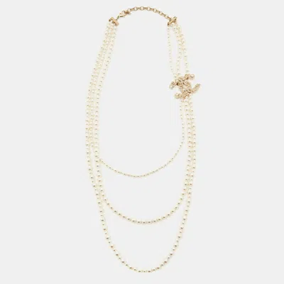 Pre-owned Chanel Cc Faux Pearl Crystals Gold Tone Multistrand Necklace In White