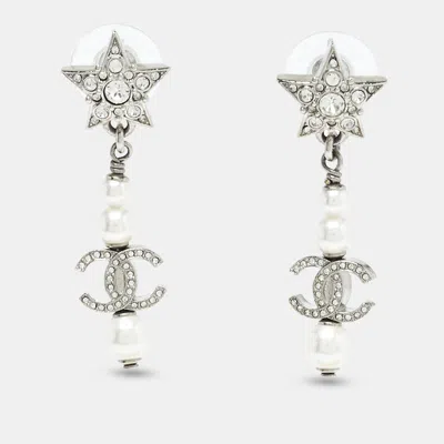 Pre-owned Chanel Cc Faux Pearl Crystals Silver Tone Dangle Earrings