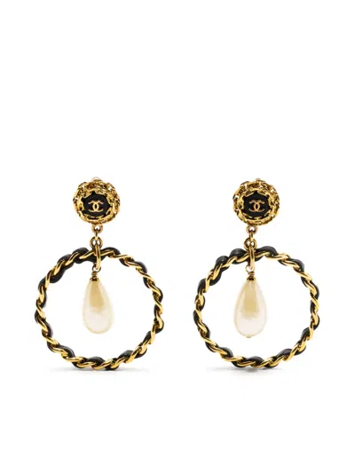 Pre-owned Chanel Cc Faux-pearl Drop Earrings In Gold