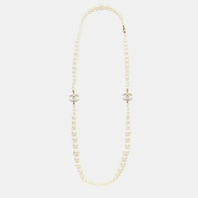 Pre-owned Chanel Cc Faux Pearl Gold Tone Necklace