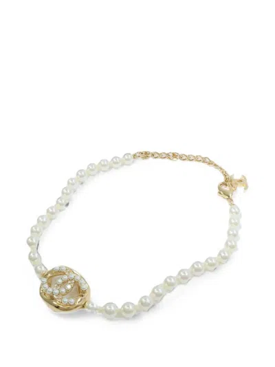 Pre-owned Chanel Cc Faux Pearl Necklace In Gold