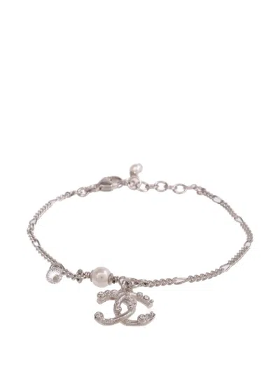 Pre-owned Chanel Cc Faux-pearl And Crystal Bracelet In Silver