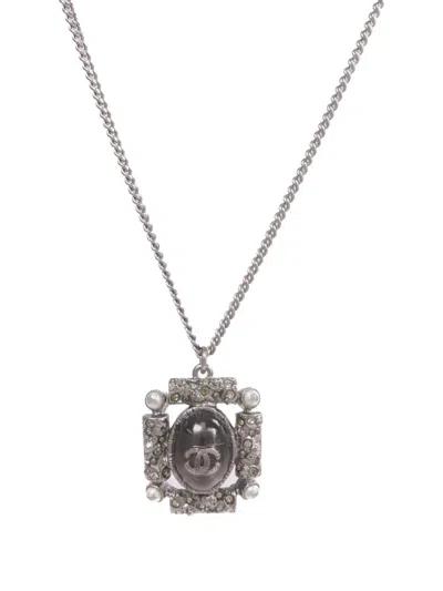 Pre-owned Chanel Cc Faux-pearl And Crystal Necklace In Silver