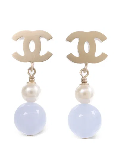 Pre-owned Chanel Cc Faux-pearl Drop Earrings In Gold
