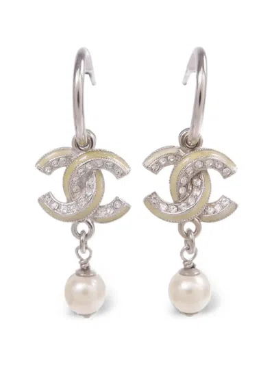 Pre-owned Chanel Cc Faux-pearl Drop Earrings In Silver