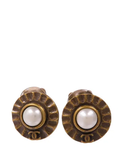 Pre-owned Chanel Cc Faux-pearl Earrings In Gold