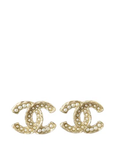 Pre-owned Chanel Cc Faux-pearl Earrings In Gold