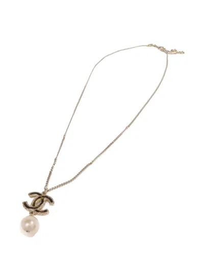 Pre-owned Chanel Cc Faux-pearl Necklace In Gold