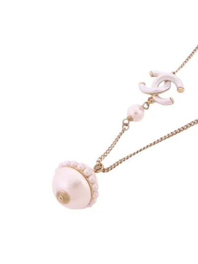 Pre-owned Chanel Cc Faux-pearl Necklace In Gold