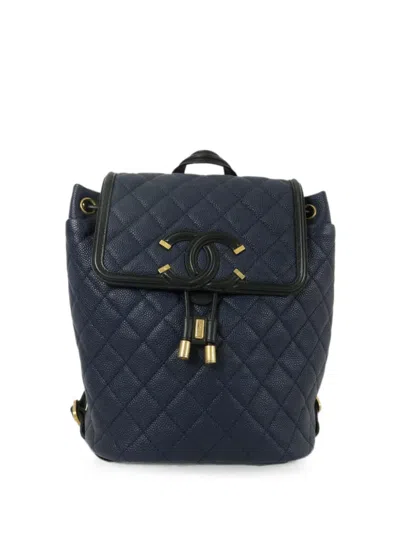 Pre-owned Chanel Cc Filigree Backpack In ブルー