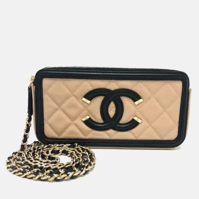 Pre-owned Chanel Cc Filigree Bicolor Wallet Long Chain Caviar Skin Beige In Sand