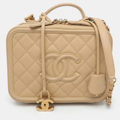 Pre-owned Chanel Cc Filigree Medium Beige Caviar Leather Vanity Case Bag In Sand