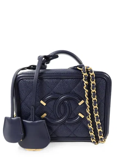 Pre-owned Chanel Cc Filigree Vanity Case Shoulder Bag In Blue