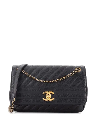 Pre-owned Chanel Cc Flap Bag Diagonal Quilted Goatskin Medium Shoulder Bag In Black