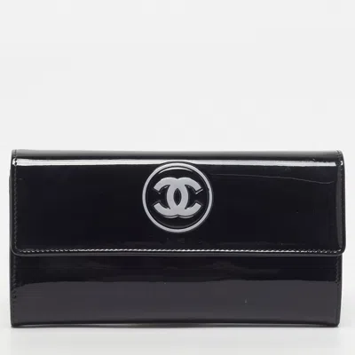 Pre-owned Chanel Cc Flap Black Patent Leather Continental Wallet