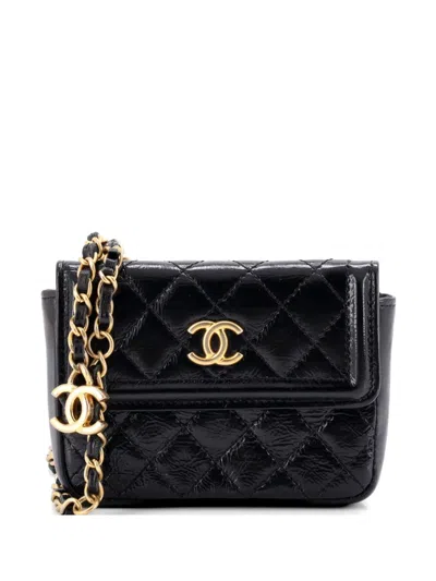 Pre-owned Chanel Cc Flap Chain Quilted Shiny Aged Calfskin Belt Bag In Black