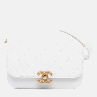 Pre-owned Chanel Cc Flap Crossbody Quilted Caviar Bag In White